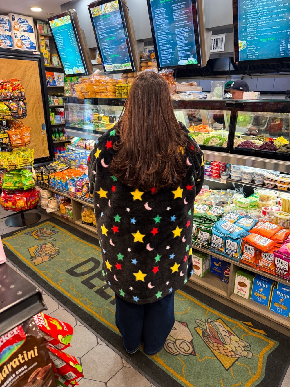 Unique Daisy Street Plus longline statement coat in star & moon print faux fur